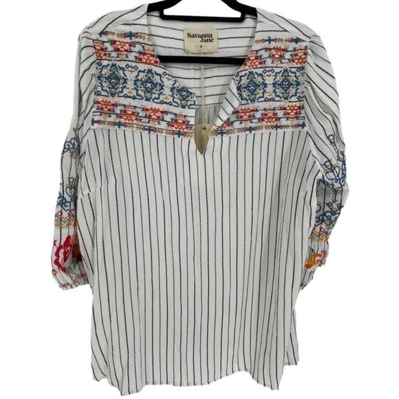 Savanna Jane Boho Blouse w/Embroidered Stripes/Front Yolk/Sleeves -NWT - Sz 1X - Picture 1 of 16